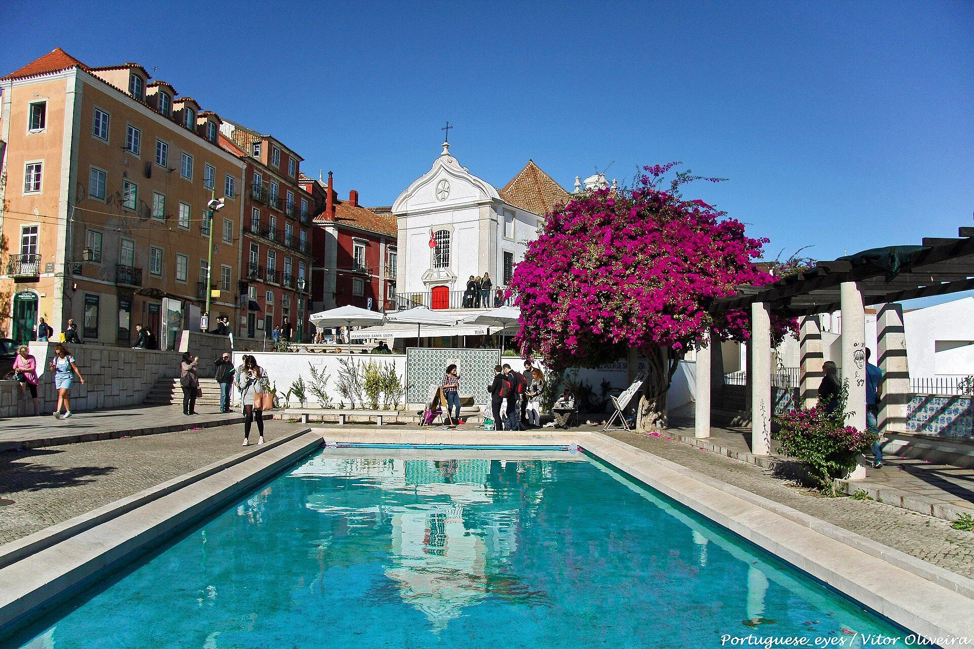 Miradouro de Santa Luzia, em Lisboa, com um espelho de água, buganvílias e uma igreja branca ao fundo
